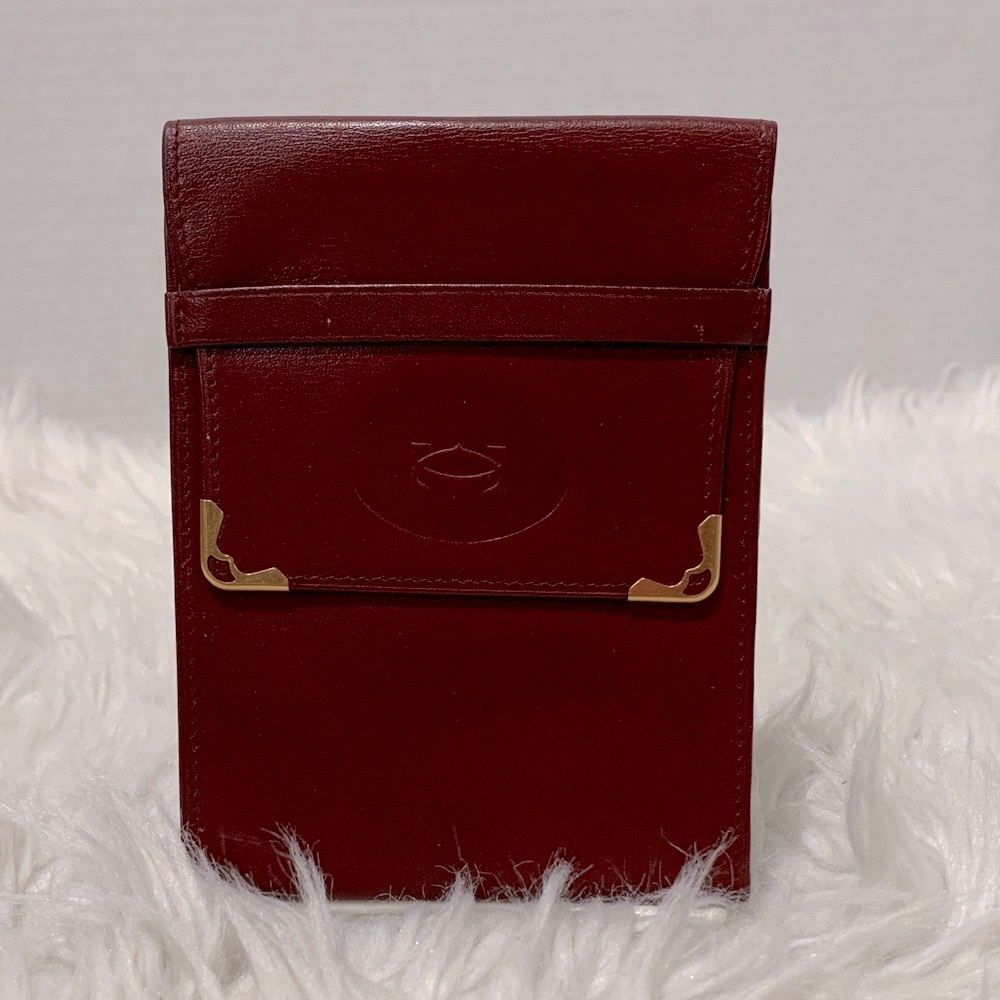 CARTIER Must De Burgundy Leather TriFold Wallet with Gold Accents